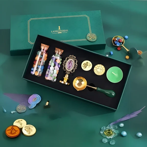 1 Pack Wax Seal Stamp Kit with Gift Box, Wax Seal Beads, 3 Wax Seal Stamp, Metallic Pen, Wax Seal Kit for Gift Wrapping, Envelope Sealing, Scrapbooking, Party Invitation (Green, D)