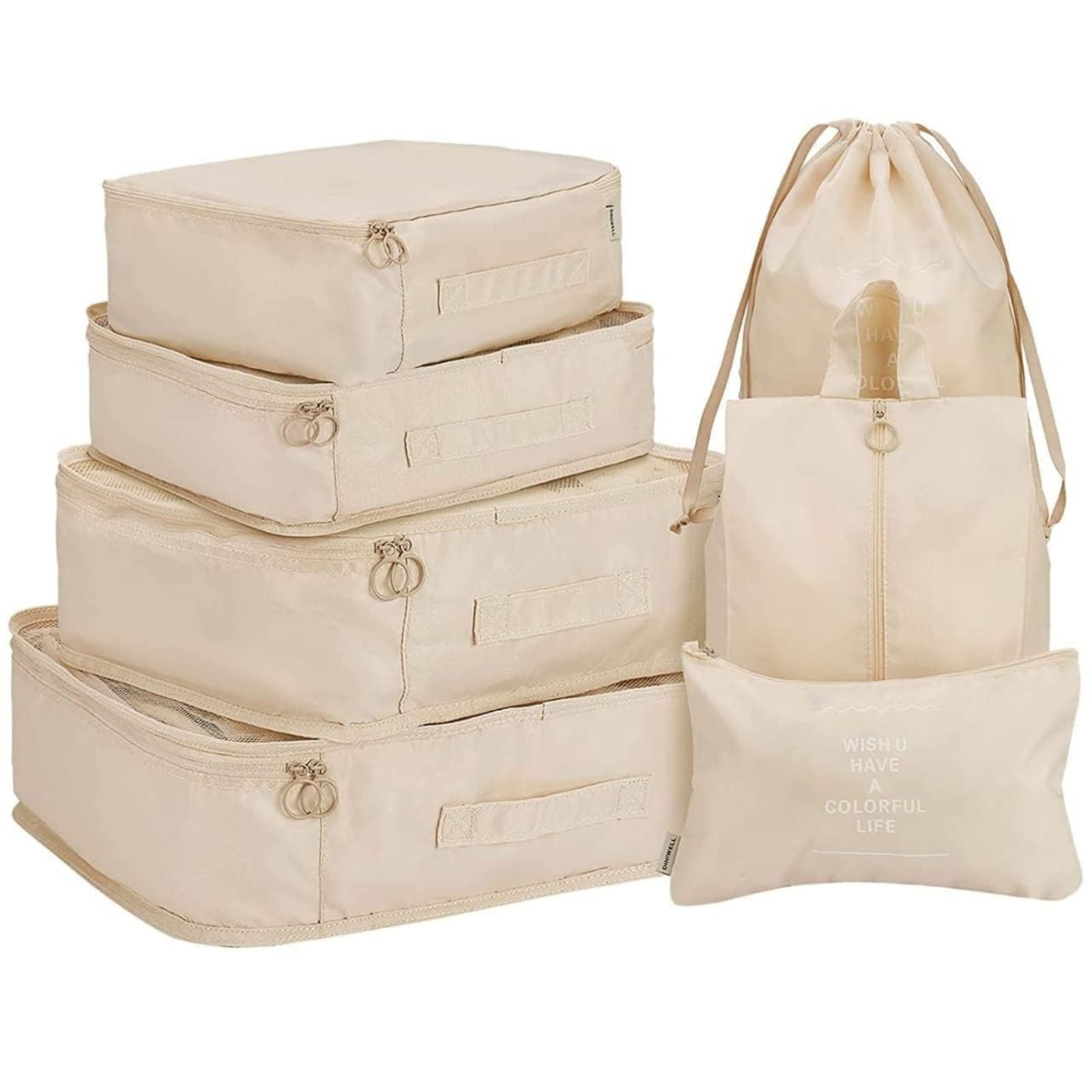 7 Pcs Travel Packing Organizer Set – Luggage Organizer Bags with Shoe, Laundry & Cosmetic Pouches | Suitcase Packing Cubes (Beige)