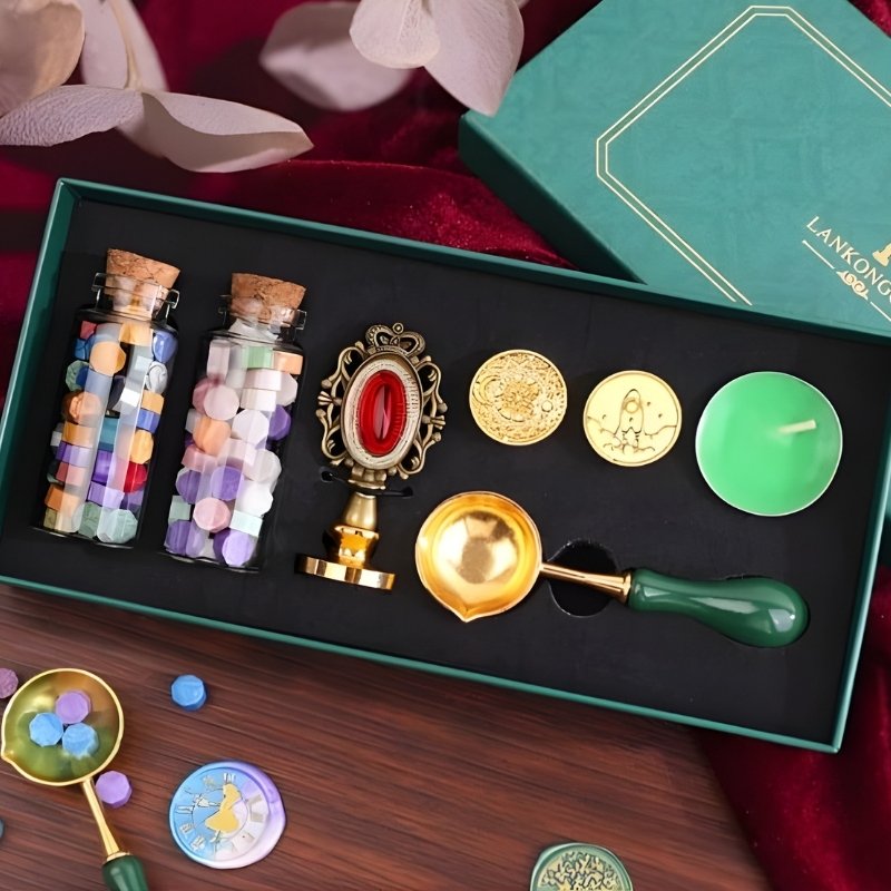 Premium 1 Pack Wax Seal Stamp Kit with Elegant Gift Box | Complete Wax Sealing Set with Beads, 3 Unique Stamps & Metallic Pen | DIY Kit for Envelopes, Invitations & Scrapbooking (Green, D)