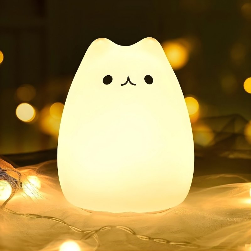 Silicone Cat LED Night Light for Kids | USB Rechargeable & Dimmable Nursery Lamp | Touch Sensor Color Changing Squishy Cat Light for Baby Bedroom Decor