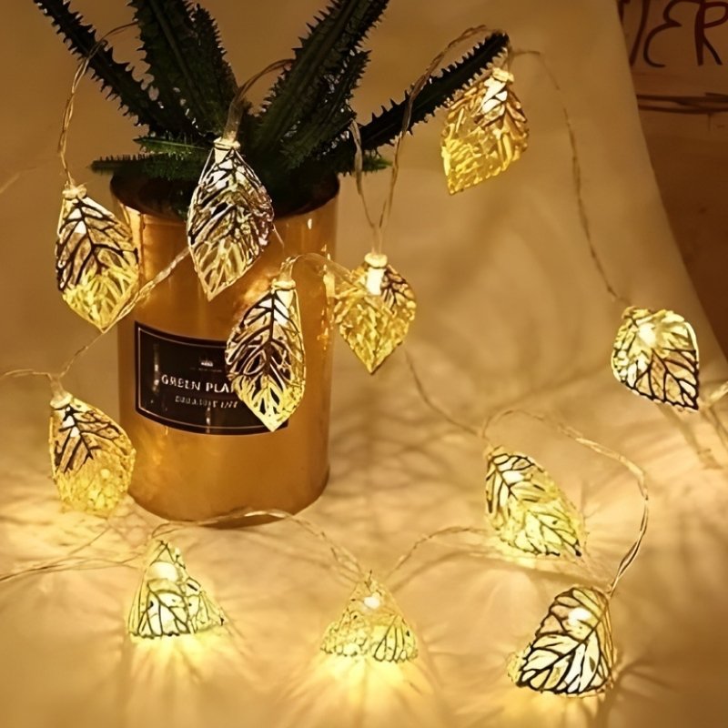 Premium Metal Leaf LED String Lights | 10 Gold Leaf Fairy Lights for Home Decor | Battery Operated Decorative Leaf Lamps for Bedroom, Living Room, Wedding & Festive Styling