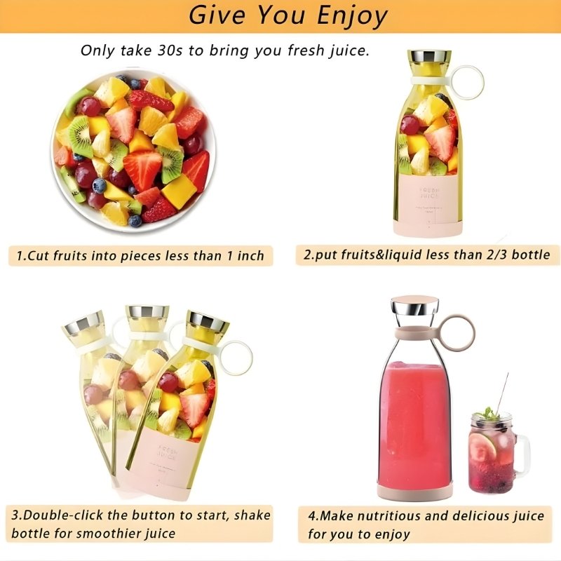 Portable USB Rechargeable Juicer Bottle | 400ml Personal Blender for Smoothies & Shakes | Cordless Electric Fruit Extractor with 6-Blade Powerful Motor for Travel, Gym & Office