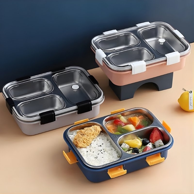 3-Compartment Stainless Steel Bento Lunch Box | Leak-Proof Insulated Food Storage Container for Office & School | Eco-Friendly BPA-Free Meal Prep Box with Secure Locking Clips