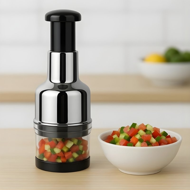 Manual Hand Press Onion & Garlic Chopper | Stainless Steel Blade Vegetable Dicer & Mincer | Quick-Press Food Slicer with Container for Nuts, Herbs, and Ginger | Dishwasher Safe Kitchen Tool