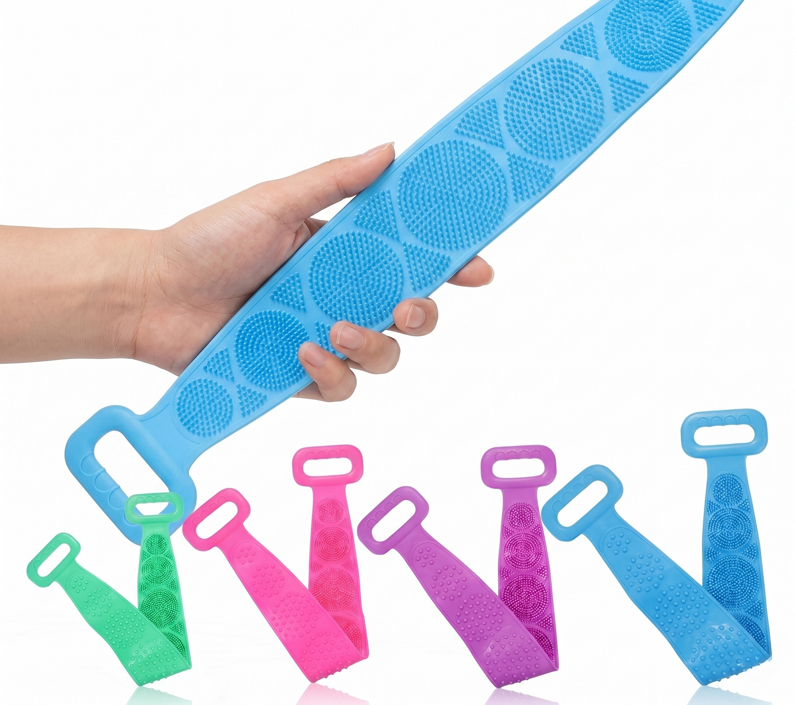 Combo of 6 Silicone Back Scrubber for Shower, Double Sided Bathing Body Brush with Long Handle, Gentle Exfoliating Skin Massage Belt for Deep Cleaning (Multicolor)