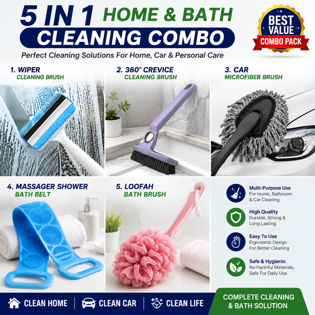 Premium 5-in-1 Bath & Home Utility Combo - Includes Silicone Body Belt, Loofah, Wiper & Cleaning Brushes (Pack of 5)