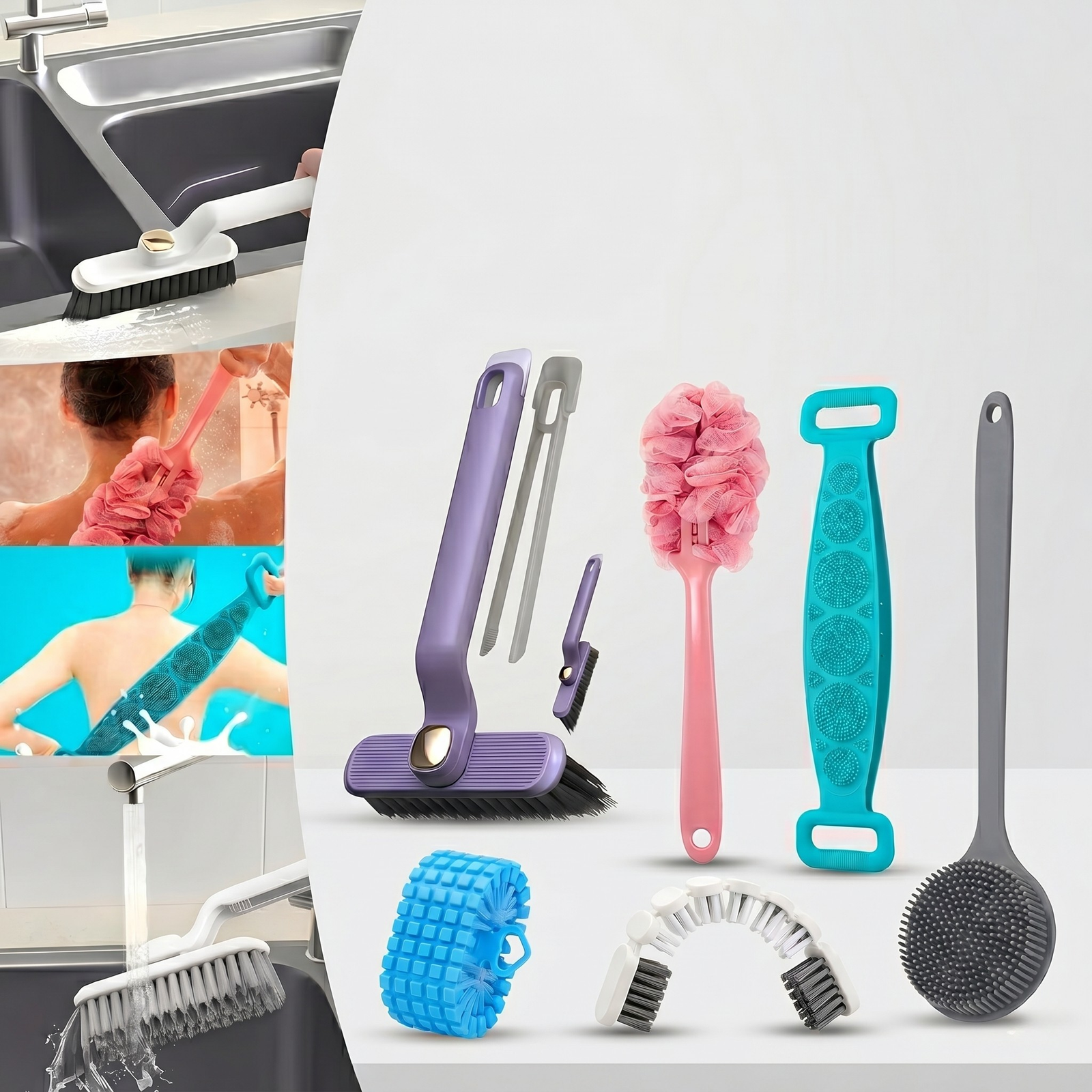 Premium 6-in-1 Household Cleaning Brush Combo | Silicone Body Scrubber, Back Scrubber Belt, Kitchen Sink & Tile Gap Cleaning Kit (Pack of 6)